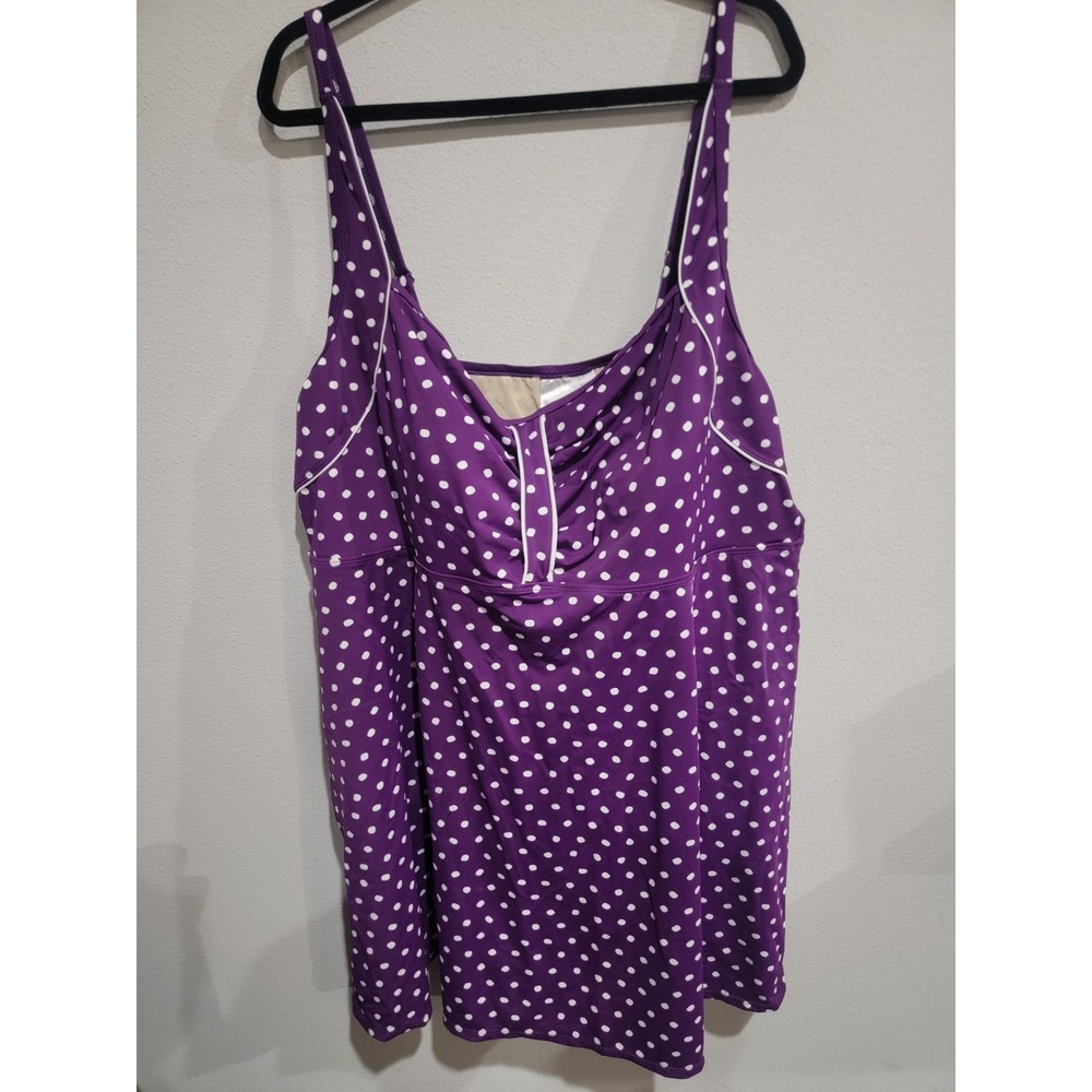 Roaman's Swim Women's Plus 32W 1 Pc Swimsuit Tank Swimdress Purple Polkadot EUC